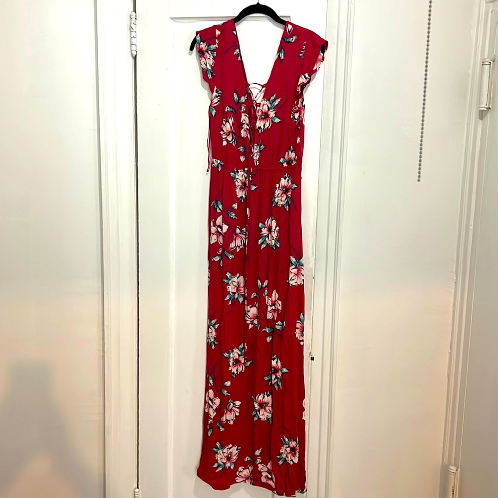 Floral linen Billabong maxi dress, color: magenta